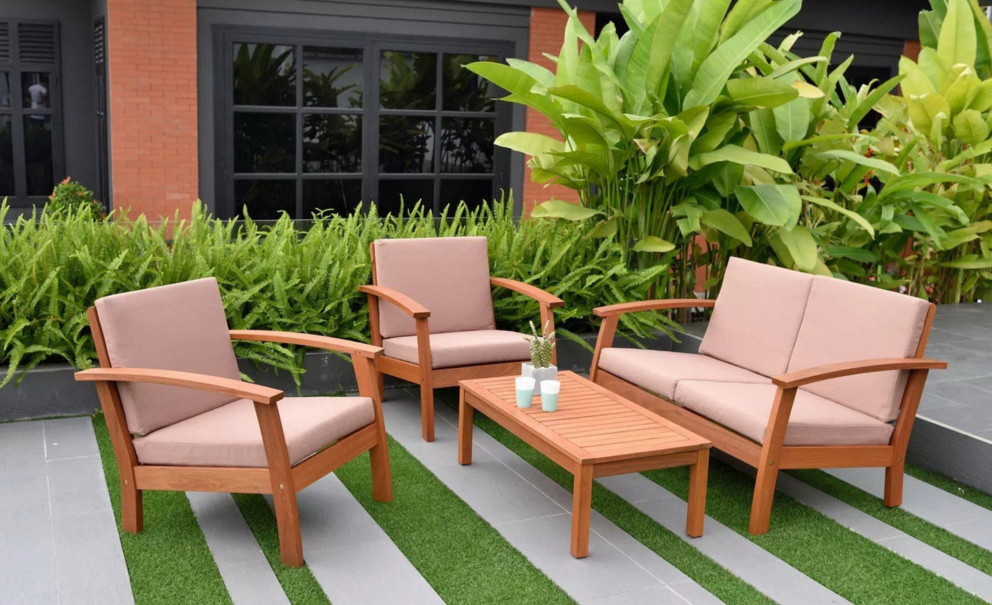 Solid Eucalyptus Outdoor Seating Set Sofa 2 Chairs With Cushions Coffee Table