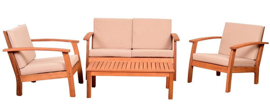 Solid Eucalyptus Outdoor Seating Set Sofa 2 Chairs With Cushions Coffee Table