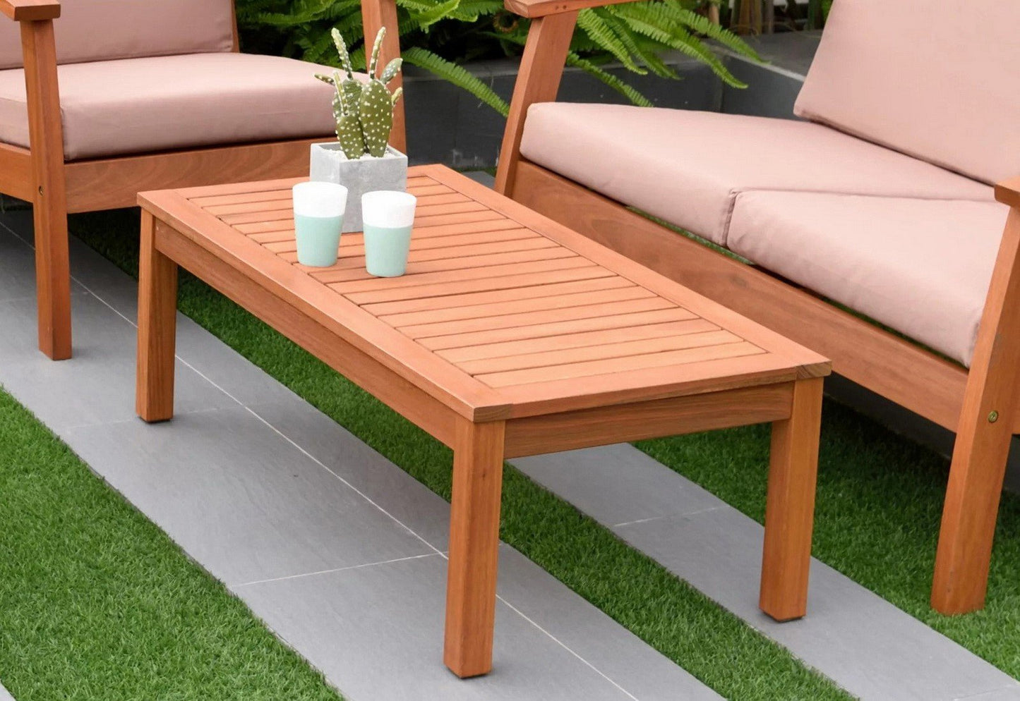 Solid Eucalyptus Outdoor Seating Set Sofa 2 Chairs With Cushions Coffee Table