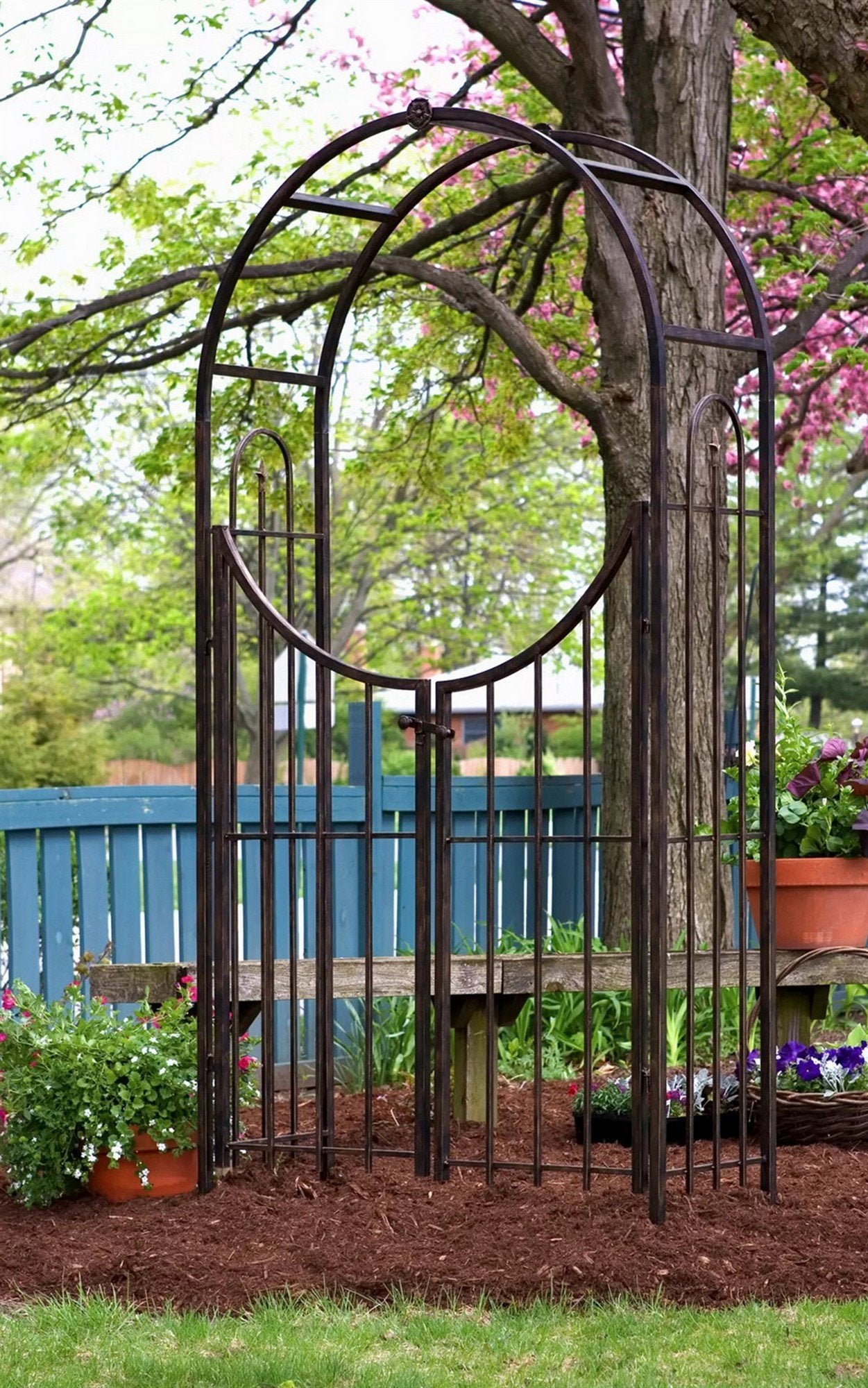 Panacea Large Outdoor Steel Arched Arbor with Gate, 50"W x 90"H