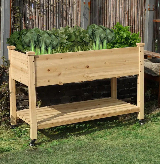 Wooden Raised Garden Bed with Lockable Wheels and Liner