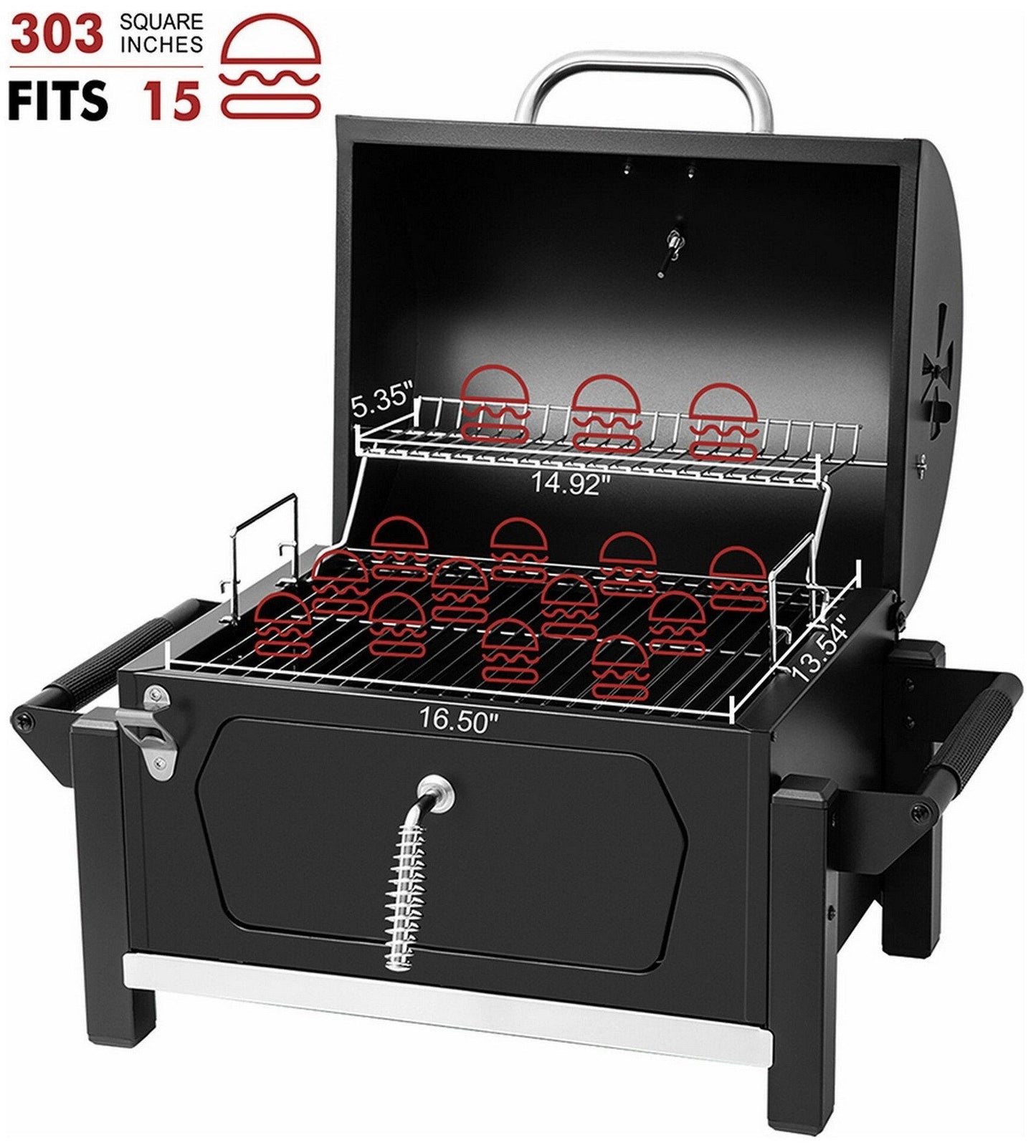 Portable Tabletop Charcoal BBQ Grill Camping Built In Bottl Opener