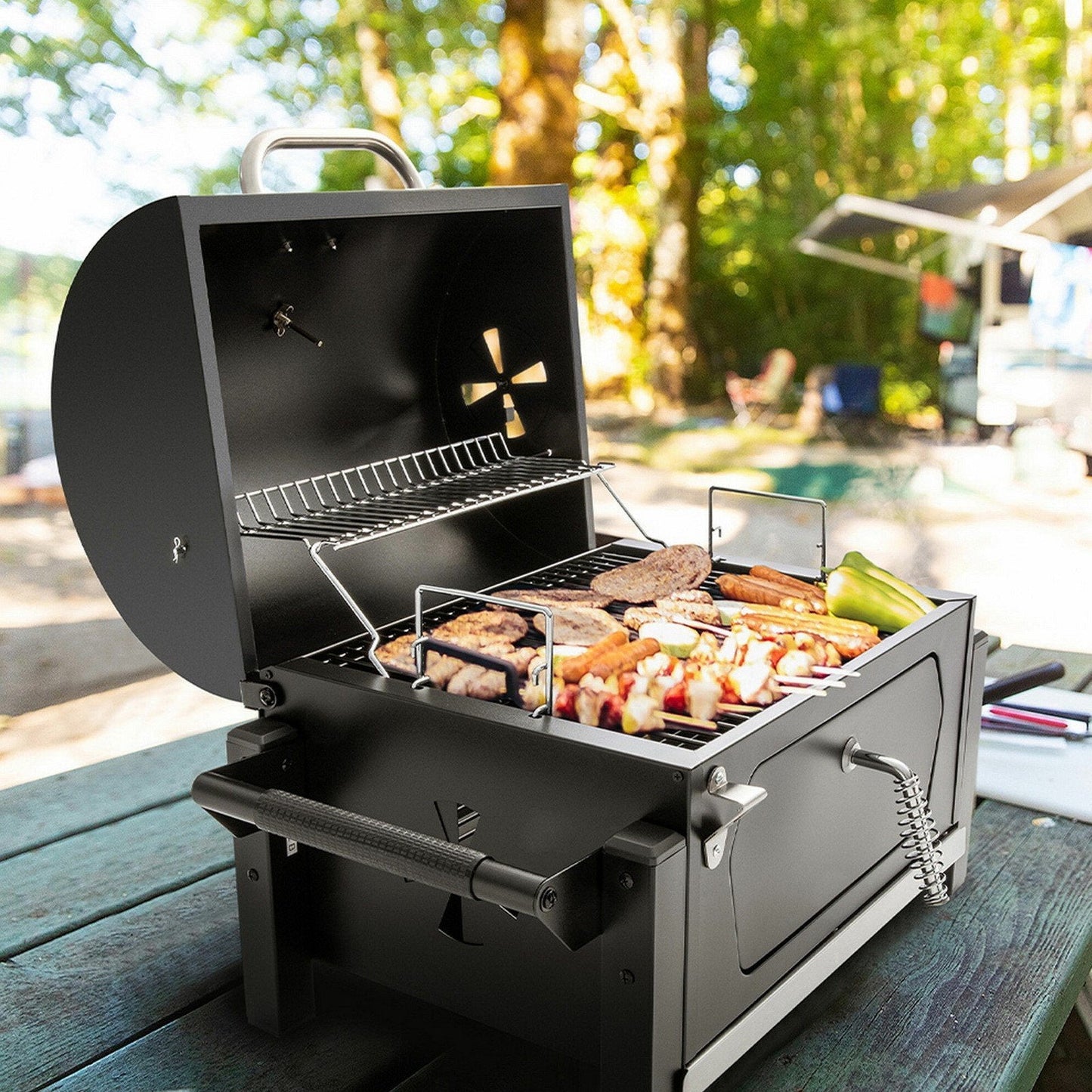 Portable Tabletop Charcoal BBQ Grill Camping Built In Bottl Opener