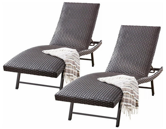 Two Outdoor All Weather Padded Wicker Chaise Lounge Chairs Adjustable Back Patio Pool Deck Seating