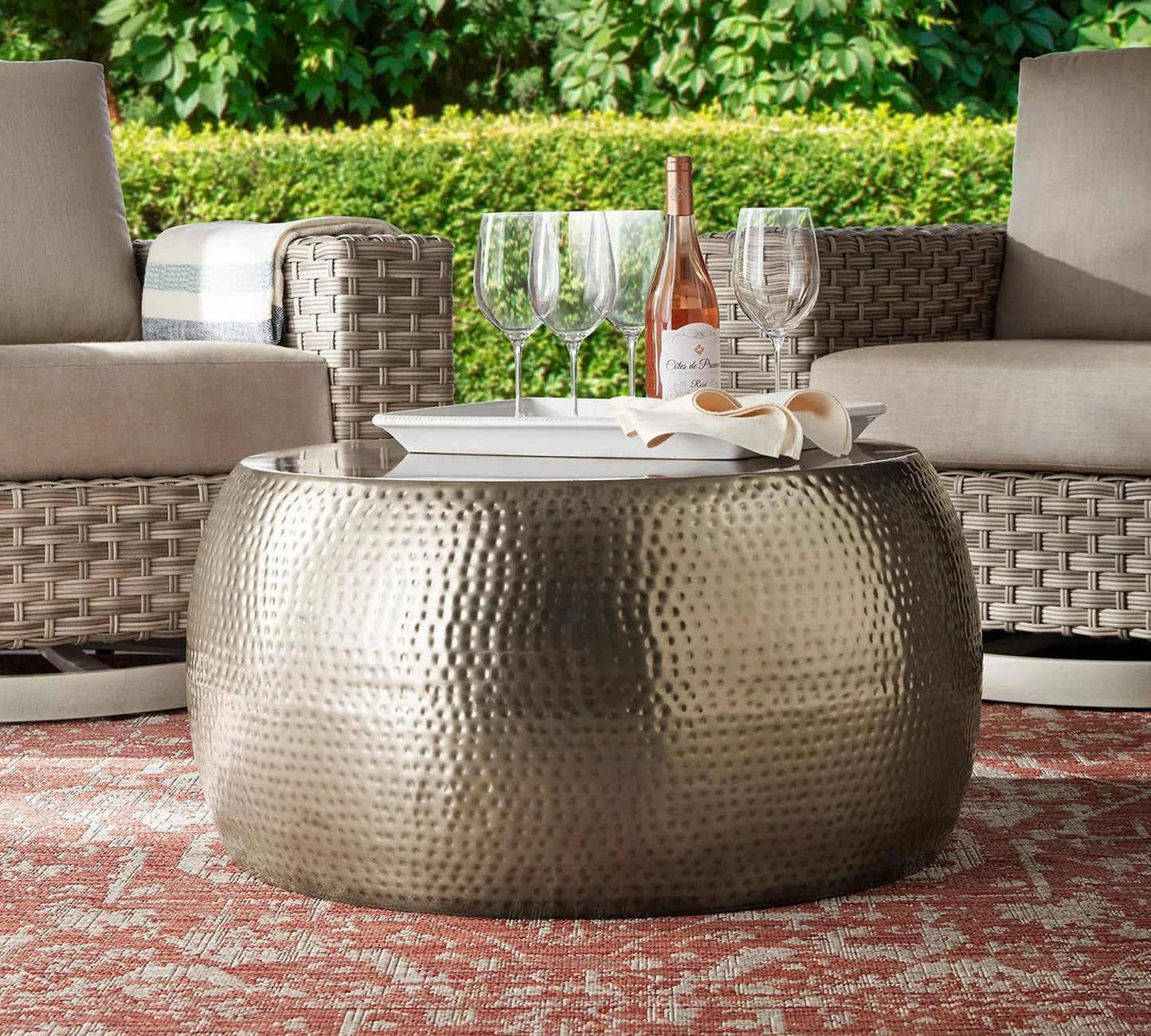 Metal Hammered Round Coffee Table with Antique Silver Finish