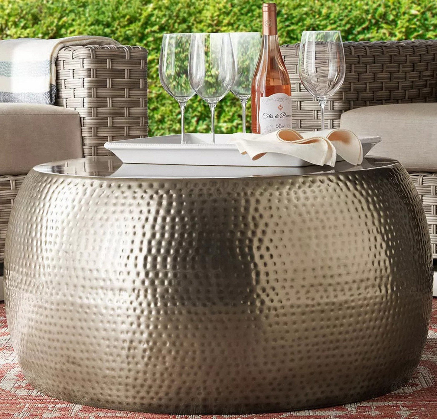 Metal Hammered Round Coffee Table with Antique Silver Finish