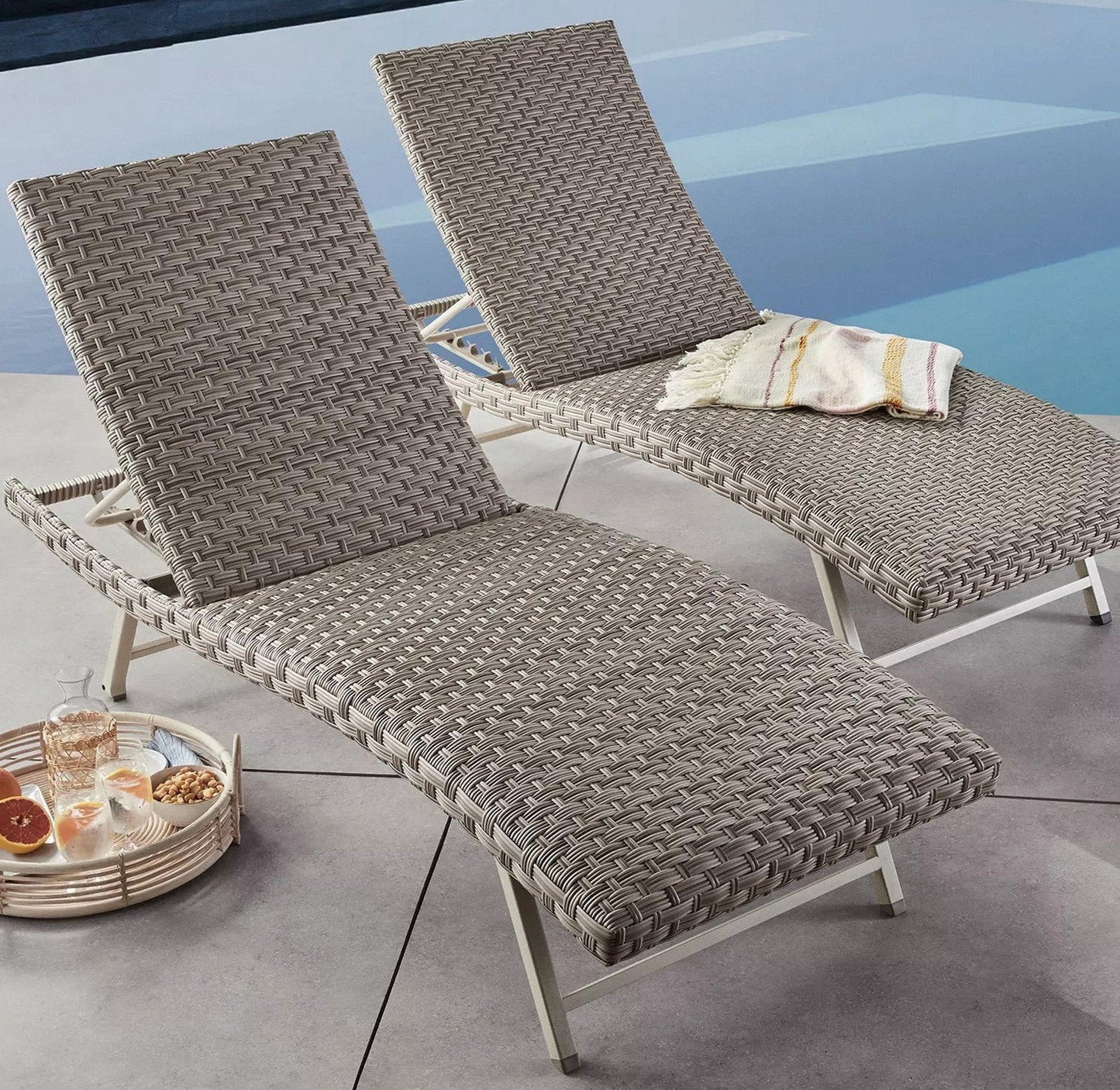 Padded Wicker Reclineable Outdoor Lounge Chaise 2-Pack