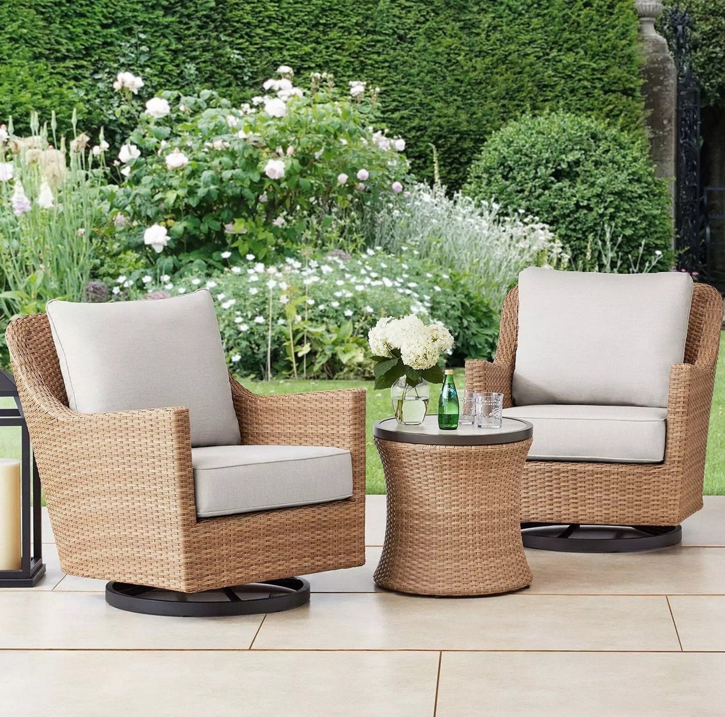Camden 3-Piece Swivel Outdoor Wicker Patio Chat Set With Cushions